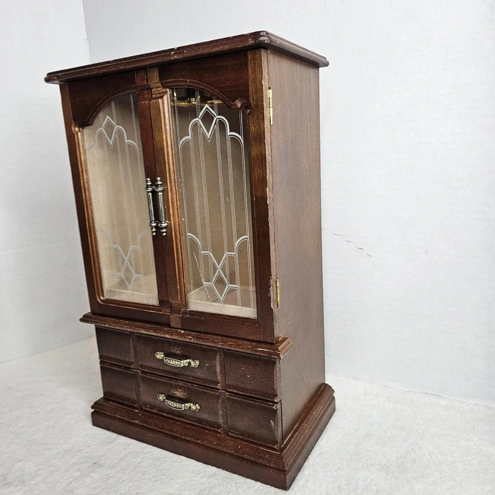 Vintage Wood 2 Door Jewelry Box Armoire Style Cabinet W/ Organizer Drawers